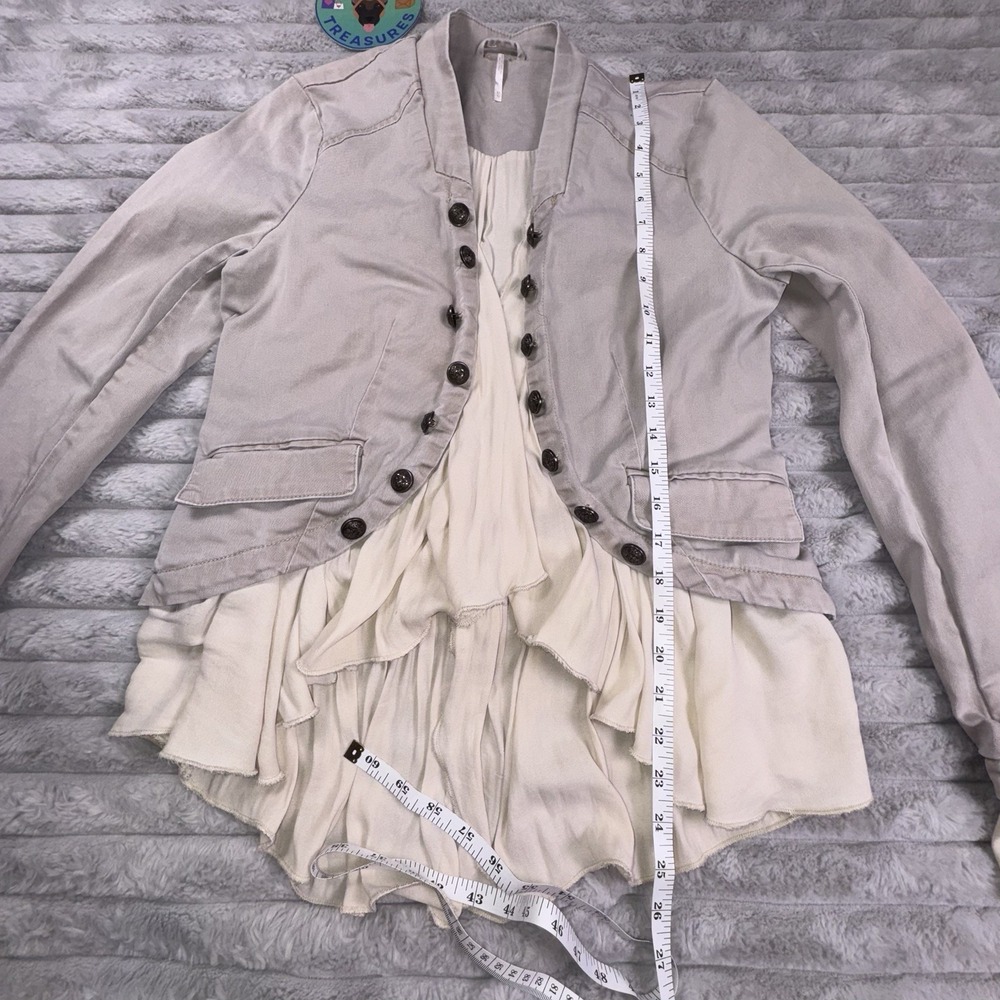 Free People XS Ruffle Romance Tan Open Cardigan Jacket Buttons Pocke Military - Picture 6 of 10